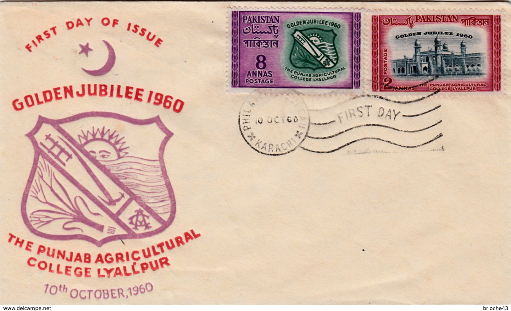 PAKISTAN FDC - COVER - GOLDEN JUBILEE THE PUNJAB AGRICULTURAL COLLEGE LYALLPUR - KARACHI 10.10.1960 - Pakistan