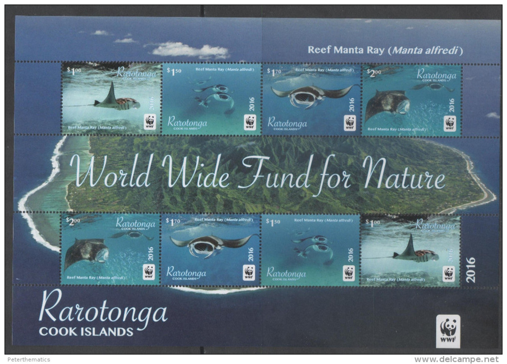 RARATONGA, 2016, MNH, WWF, MARINE LIFE, MANTA RAYS, SHEETLET OF 2 SETS, NO WHITE BORDER AROUND STAMPS - Other & Unclassified