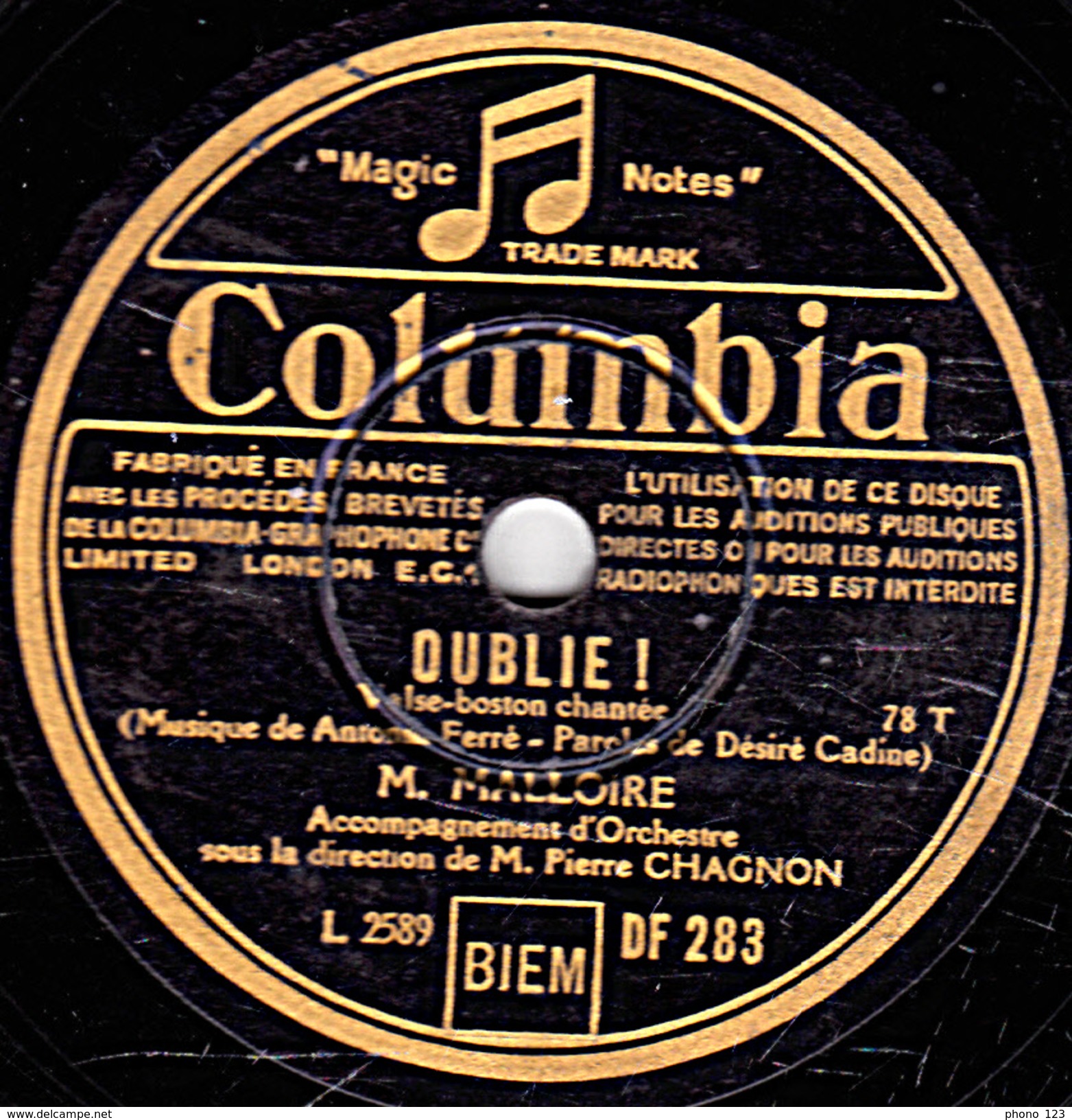 78 T. - 25 Cm - état  B -  MALLOIRE - LE TANGO DES FAUVETTES - OUBLIE ! - 78 T - Disques Pour Gramophone