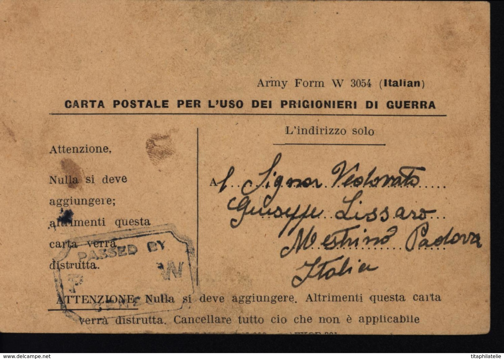 Carta Postal Prigionieri Di Guerra Italien Par Les Anglais Censure Anglaise Seconda Guerra Mondiale - Britisch-am. Bes. Neapel