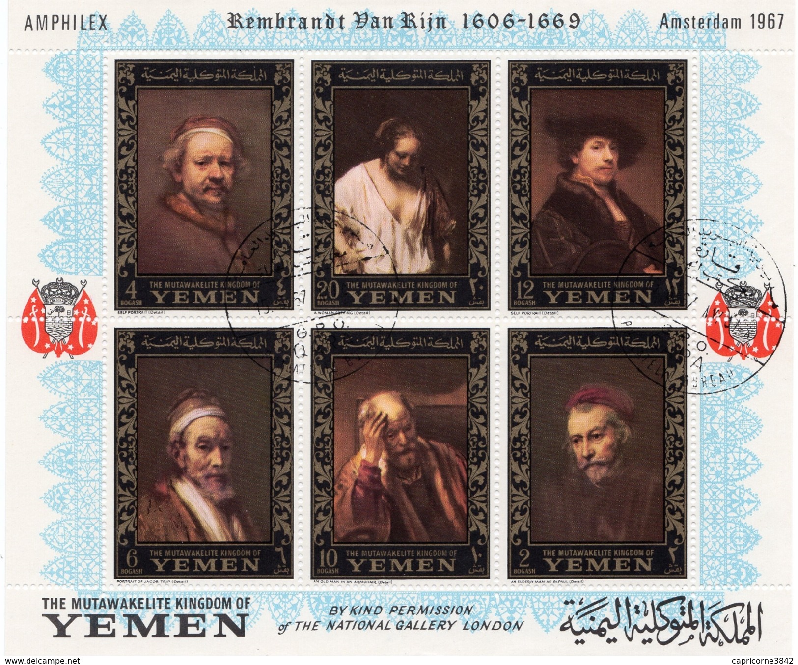 1967 - Yemen - Peinture De Rembrandt. Bloc Perforé Amphilex (Michel N° 37A) - Yémen