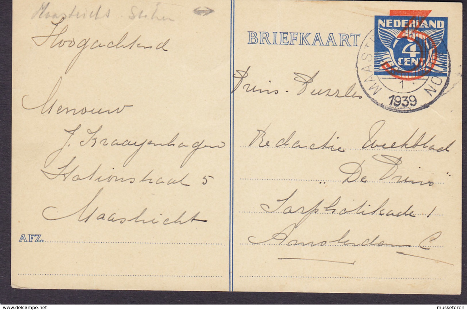 Netherlands Postal Stationery Ganzsache 3/4 C. Provisorium MAASTRICHT STATION 1939 AMSTERDAM C. (2 Scans) - Postal Stationery