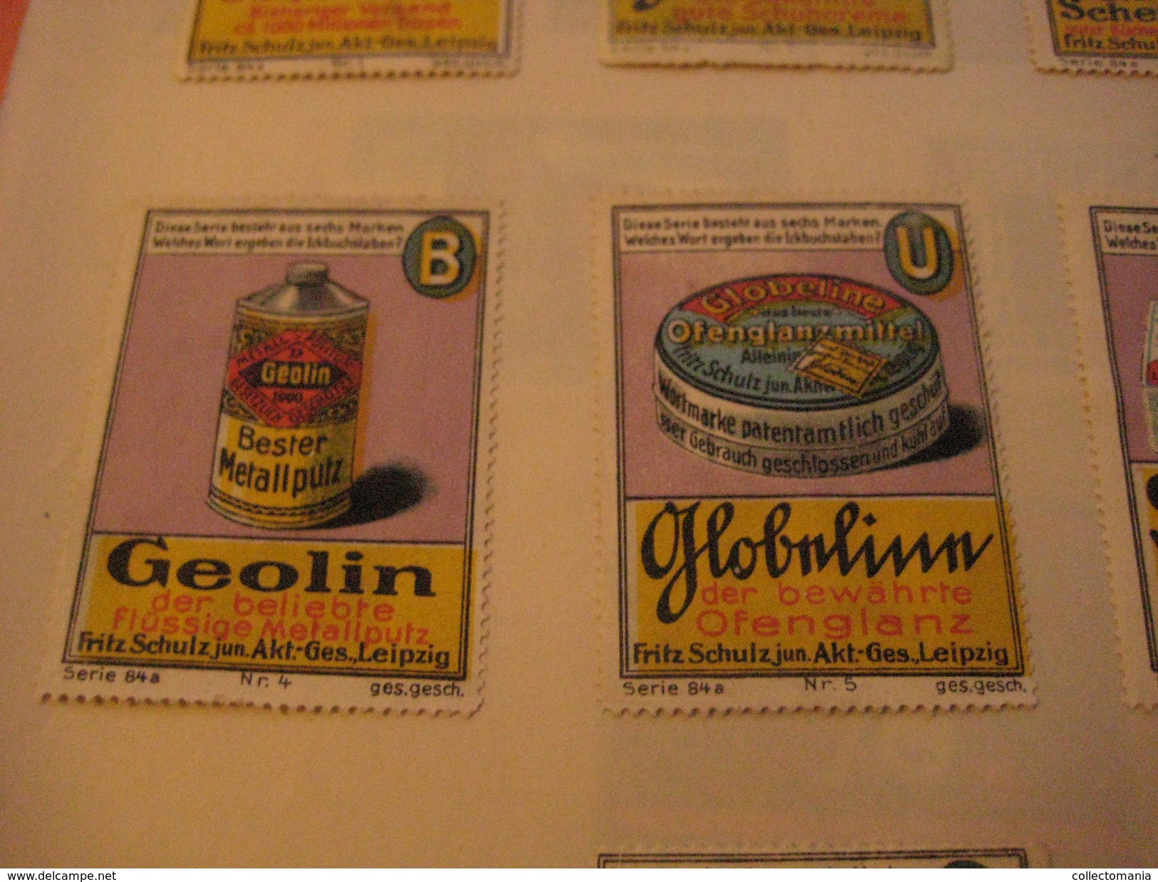 7 poster stamp advertising litho GLOBUS Putz Extrakt GLOBIN GEOLIN Fritz Schultz Leipzich - all packings GLOBOL