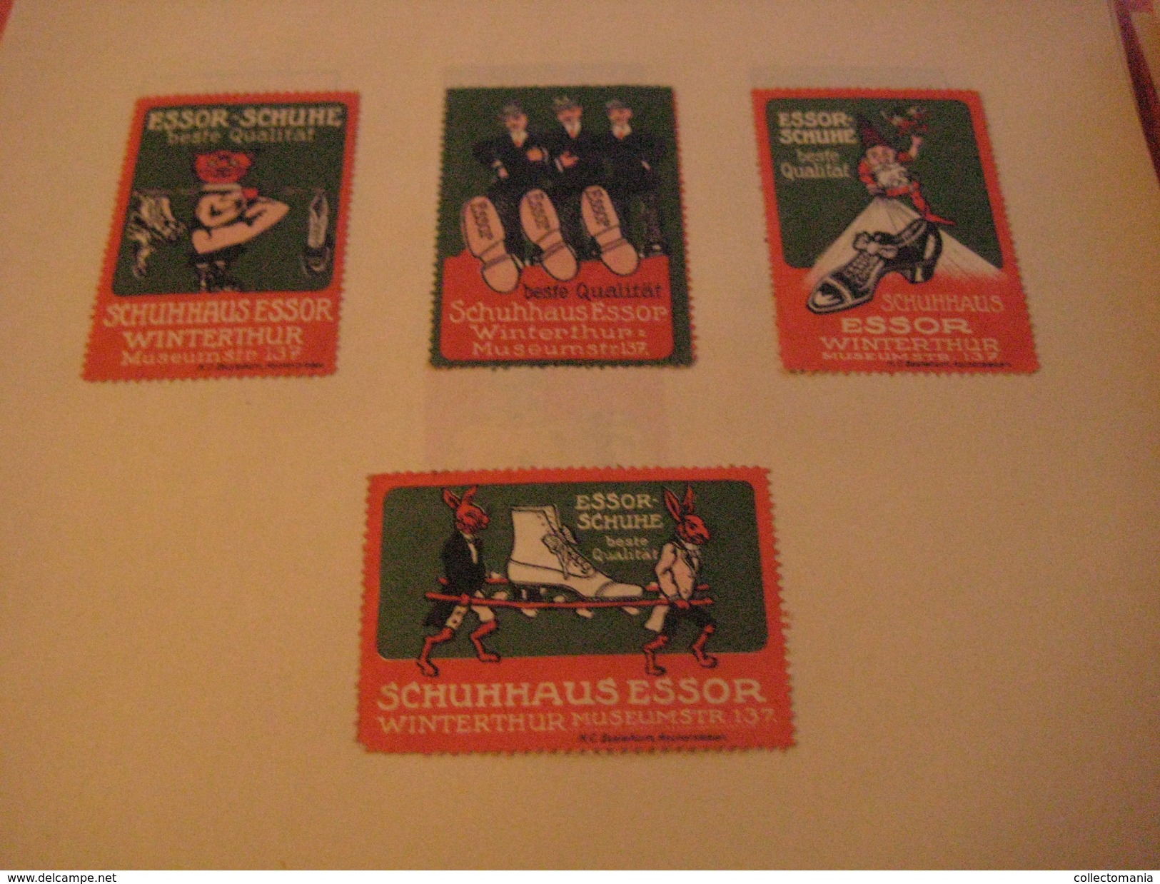 4 Poster Stamp Advertising Litho ESSOR SCHUHE Winterthur Bestehorn Aschersleben  ART Cat Fishing, Gnome Dwarf, Lapins - Cinderellas