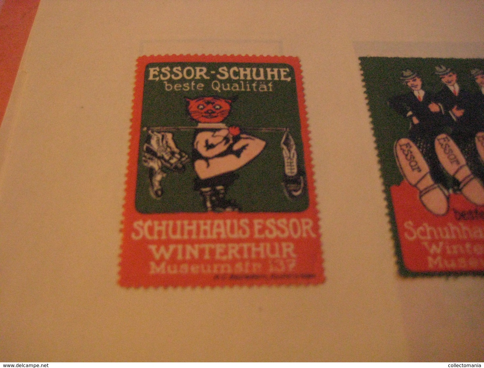 4 Poster Stamp Advertising Litho ESSOR SCHUHE Winterthur Bestehorn Aschersleben  ART Cat Fishing, Gnome Dwarf, Lapins - Erinnophilie