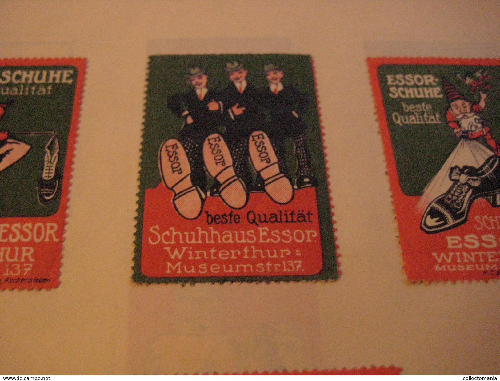 4 Poster Stamp Advertising Litho ESSOR SCHUHE Winterthur Bestehorn Aschersleben  ART Cat Fishing, Gnome Dwarf, Lapins - Erinnophilie