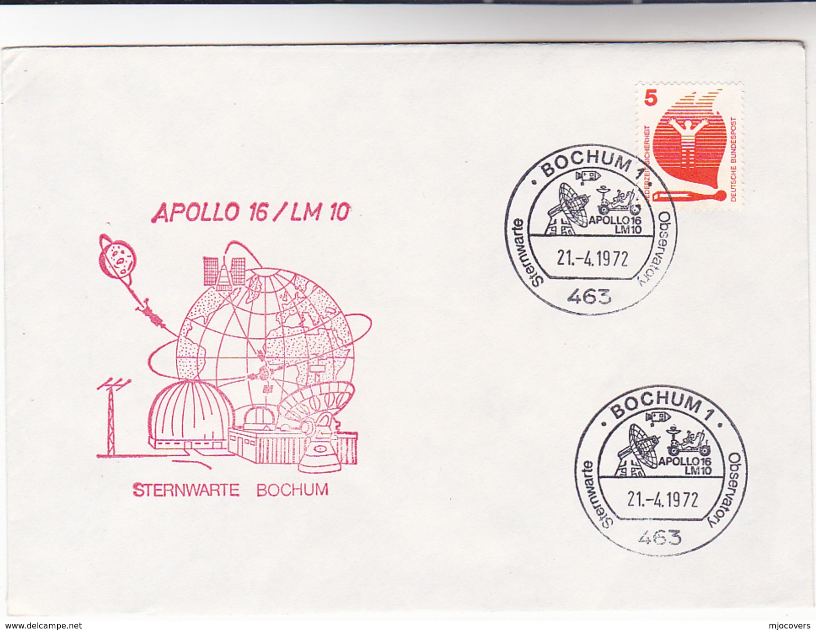 April 21 1977 APOLLO 16 GERMANY STERNWARTE OBSERVATORY EVENT COVER Bochum Space Stamps Astronomy - Europe