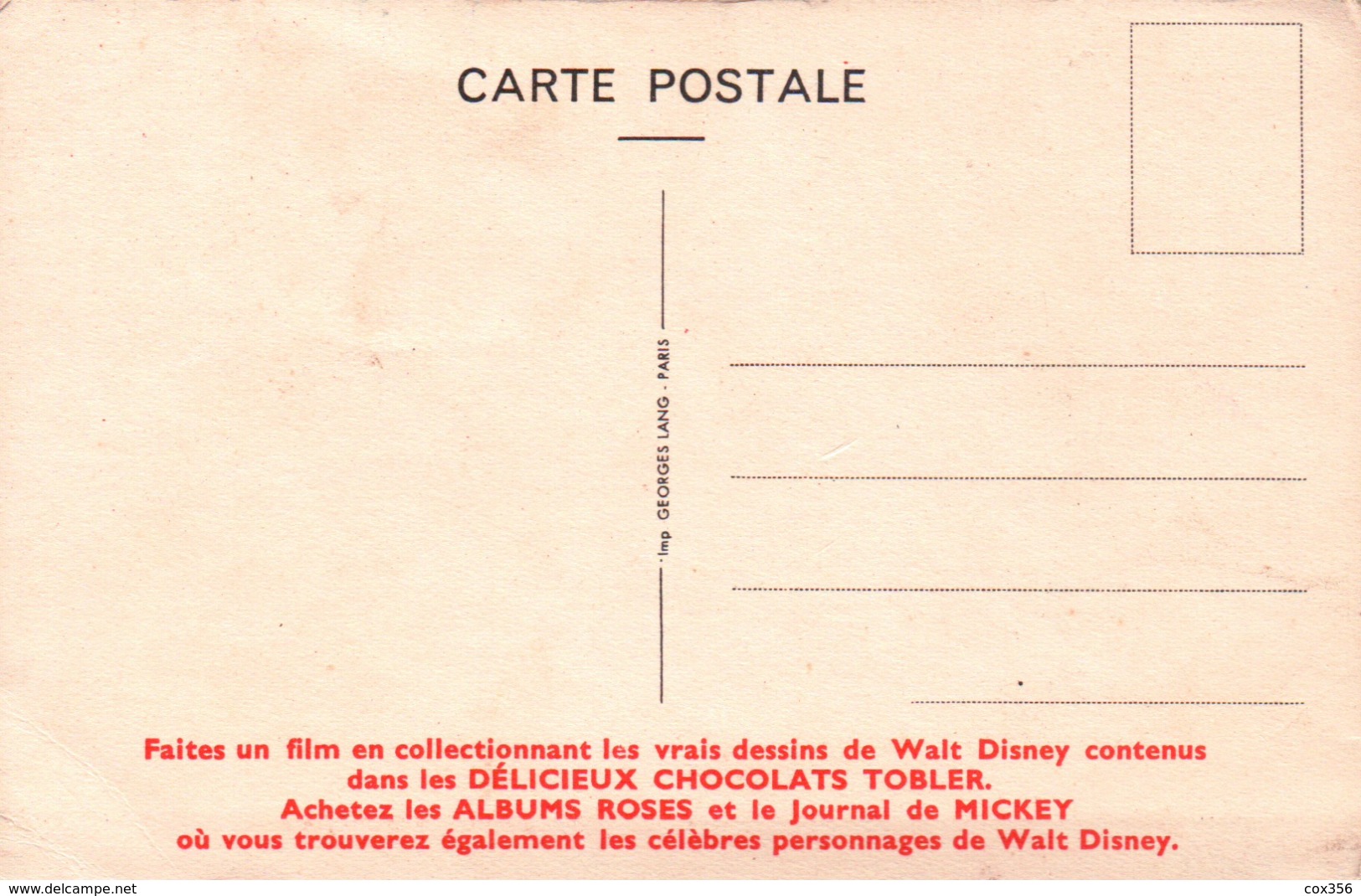 CPA CHOCOLAT TOBLER WALT DISNEY - Disneyland