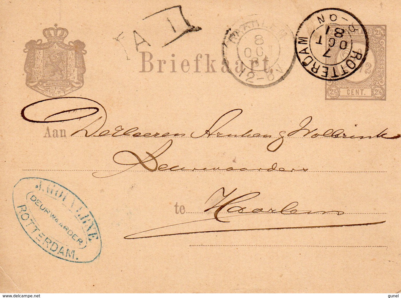 1881 Briefkaart G21  Wapen I  Van Rotterdam Naar Haarlem - Material Postal