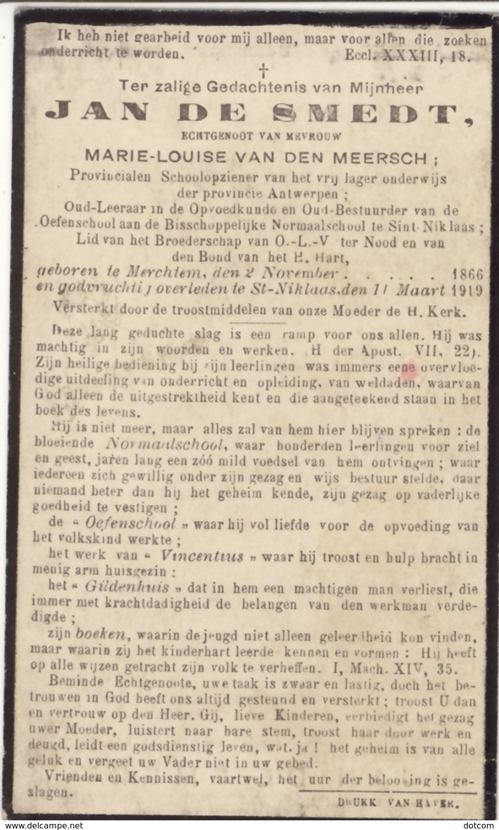 Jan DE SMEDT / Merchtem 1866 - St. Niklaas 1919 - Décès