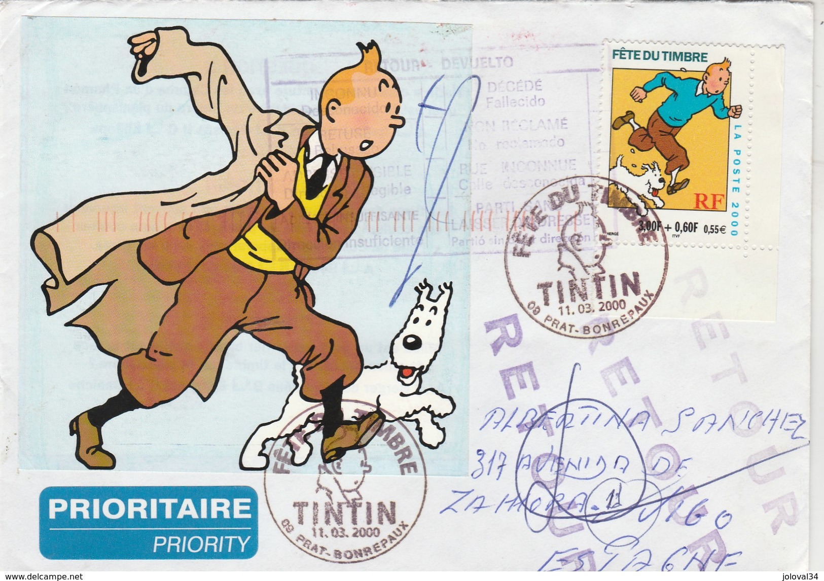 Yvert 3304 Tintin  Sur Lettre  FDC Cachet PRAT BONREPAUX Ariège 11/3/2000 Pour Espagne - Bandes Dessinées