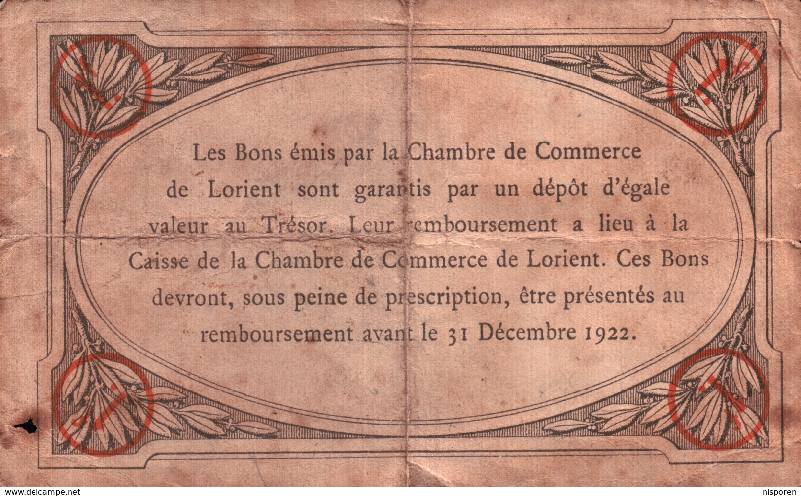 Chambre De Commerce - Lorient  (Morbihan) - Bon De Un Franc - 2 Septembre 1919 - Chambre De Commerce