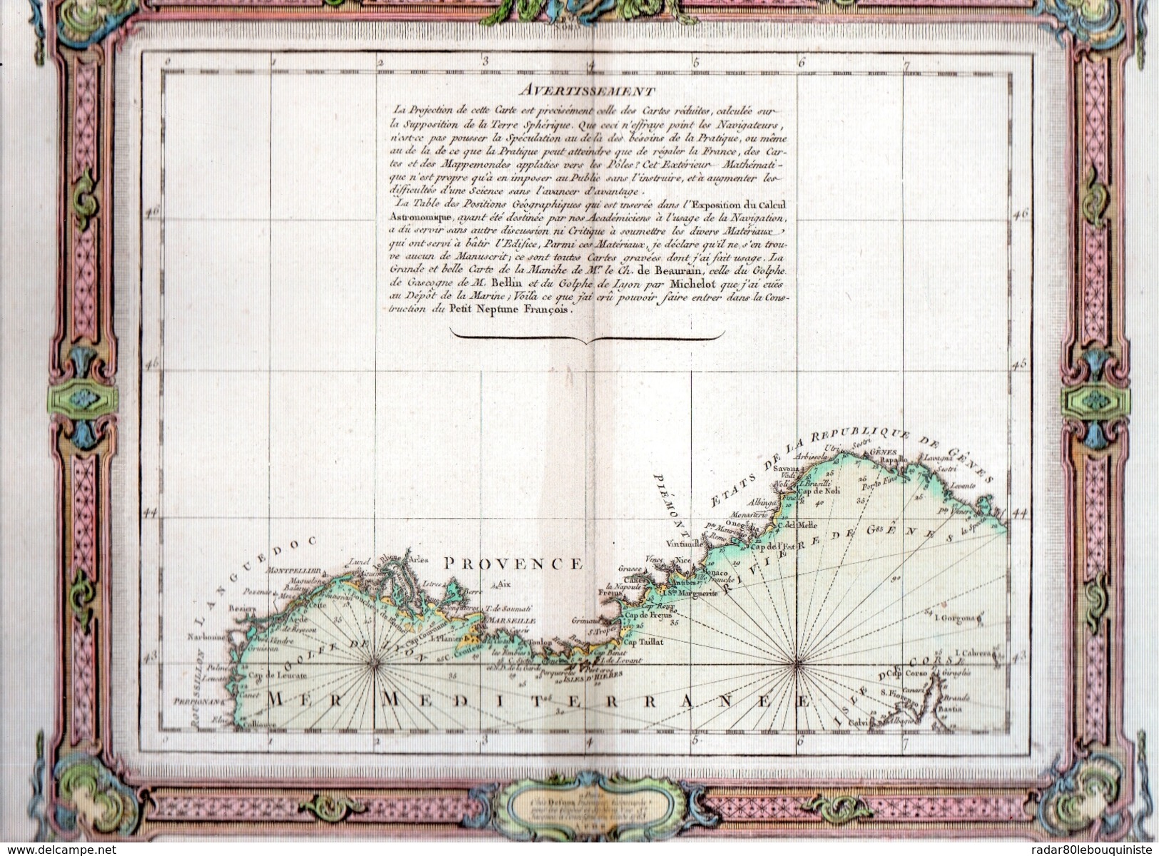 DESNOS.Mer Méditerranée.Languedoc.Provence.Piémont.1763.planche 38,4 X 26,9 Cm.ORIGINALE.rehauss - Cartes Géographiques
