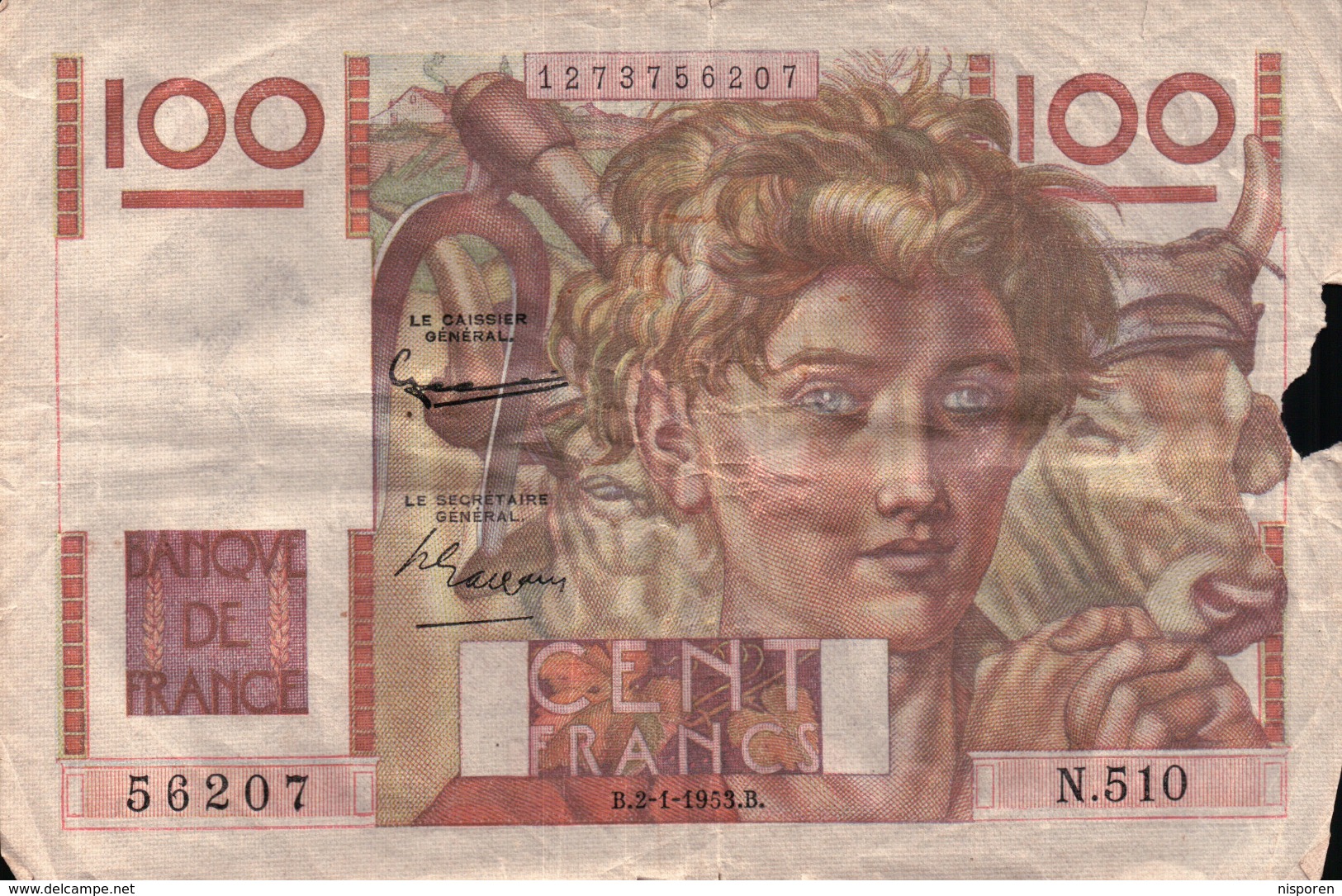 100 Francs 1953 - ''Jeune Paysan'' - 100 F 1945-1954 ''Jeune Paysan''