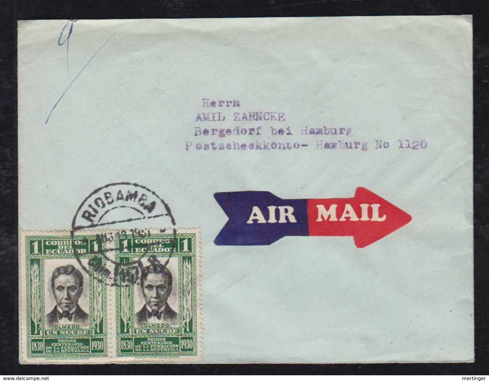 Ecuador 1931 Airmail Cover RIOBAMBA To BERGEDORF Hamburg Germany - Ecuador