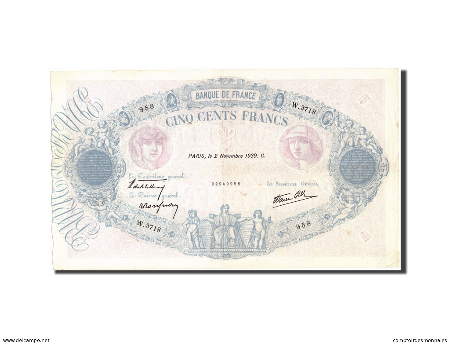 Billet, France, 500 Francs, 500 F 1888-1940 ''Bleu Et Rose'', 1939, 1939-11-02 - 500 F 1888-1940 ''Bleu Et Rose''