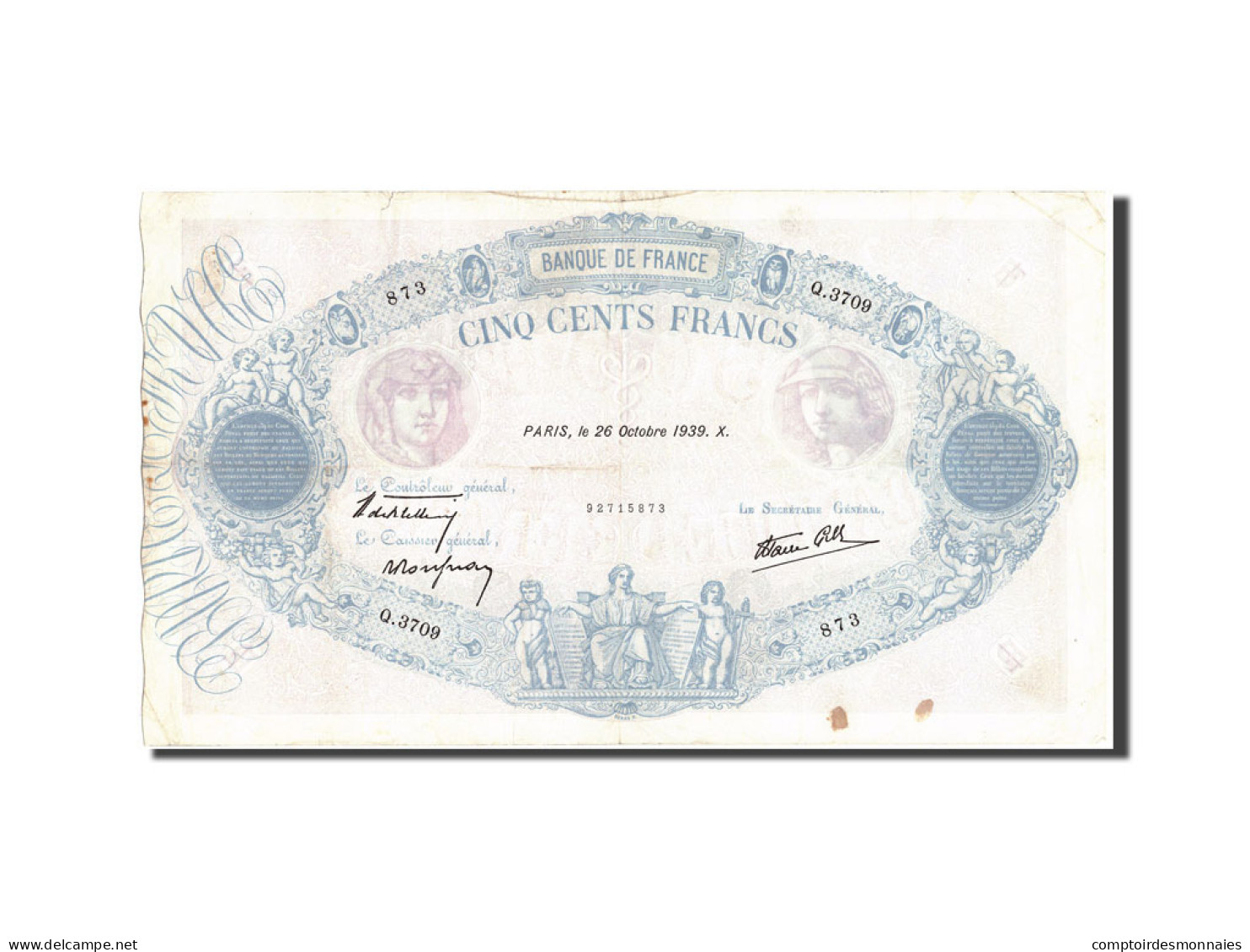 Billet, France, 500 Francs, 500 F 1888-1940 ''Bleu Et Rose'', 1939, 1939-10-26 - 500 F 1888-1940 ''Bleu Et Rose''