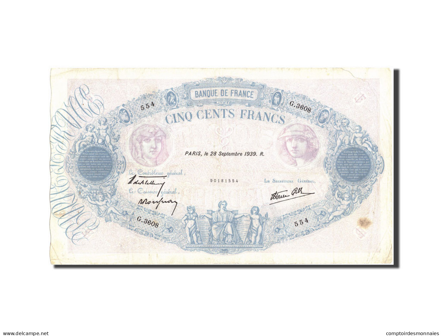 Billet, France, 500 Francs, 500 F 1888-1940 ''Bleu Et Rose'', 1939, 1939-09-28 - 500 F 1888-1940 ''Bleu Et Rose''