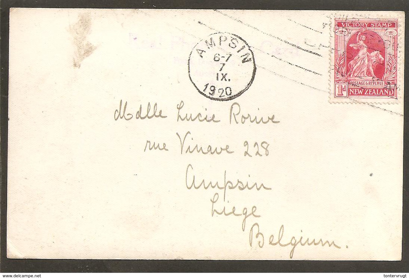 New Zealand. 1d Victoria Stamp On P.c. To Ampsin Belgique 1920. Oitira Gorge - Lettres & Documents