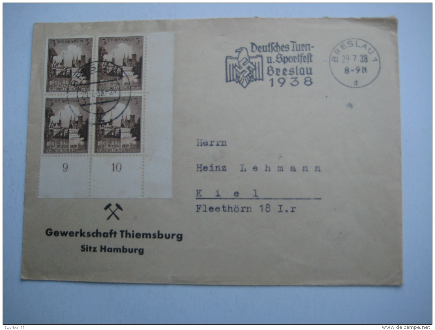1938 , Breslau Turnfest , Maschinenstempel Und Eckrandblock Auf Brief - Briefe U. Dokumente