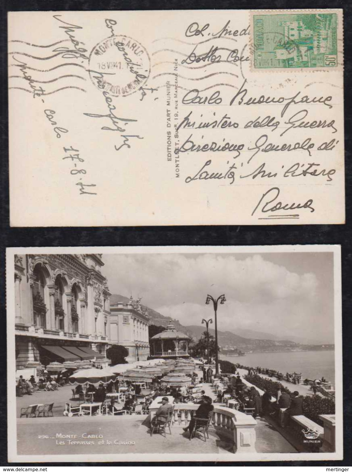 Monaco 1941 Picture Postcard MONTE CARLO To ROMA Italy - Cartas & Documentos