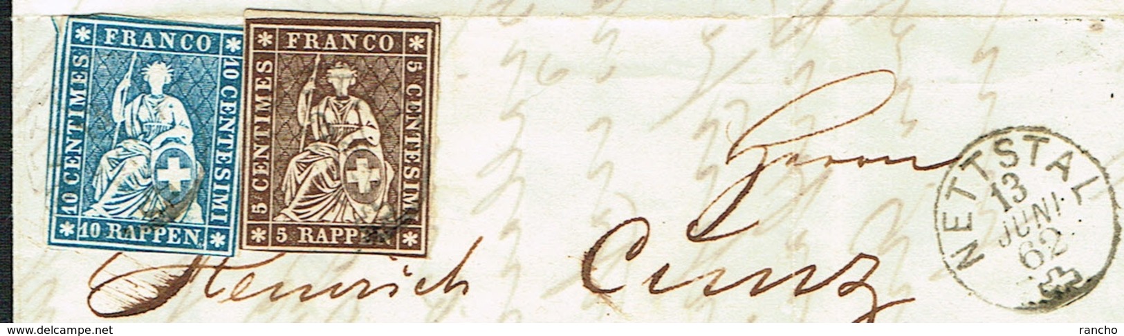 LETTRE  OBLITERE  NETTSTAL DU .13.6.1862. POUR ZÜRICH LE 14.6.1862. C/.S.B.K. Nr:22G.23G. - Storia Postale