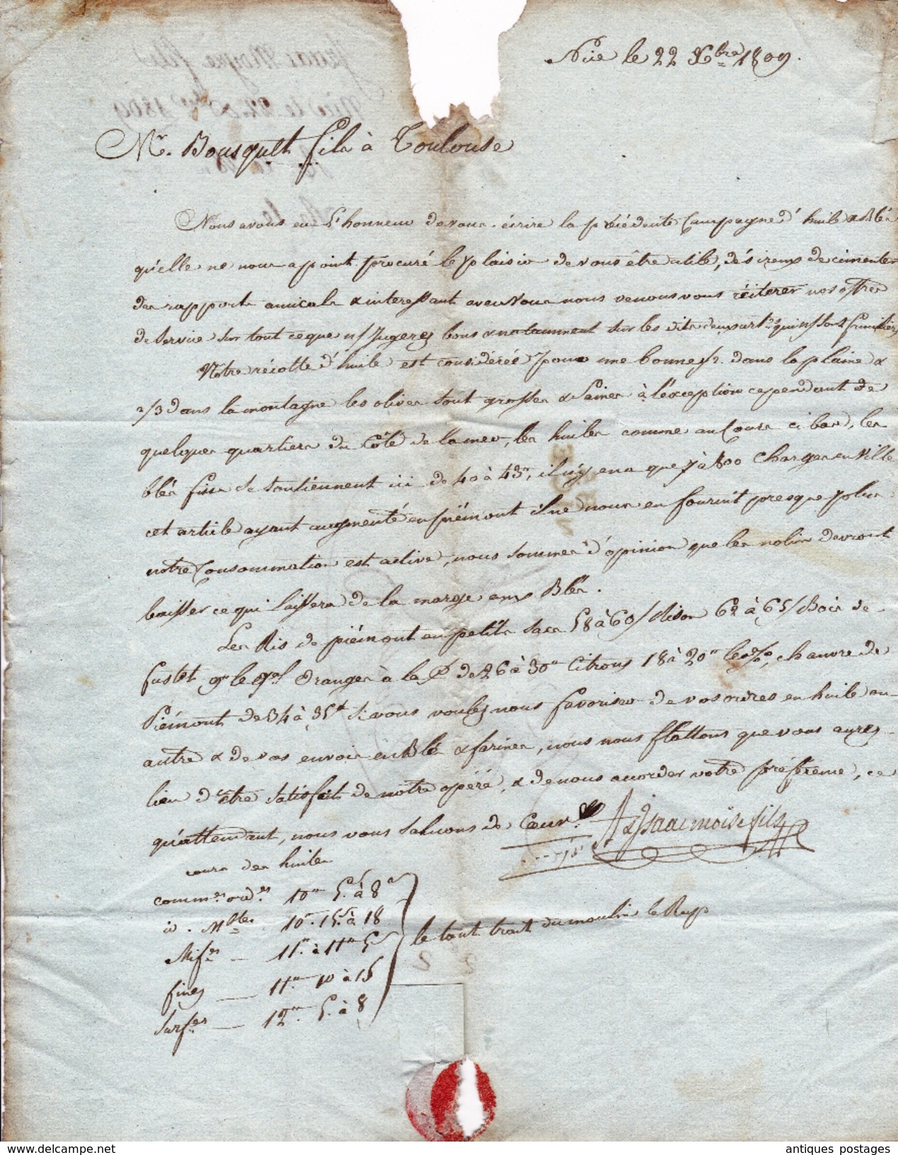 Lettre Nice Département Conquis 1809 Pour Toulouse Izaac Moyze HUILE D'OLIVE Blé Premier Empire Olive Oil Olio Di Oliva - 1792-1815: Départements Conquis