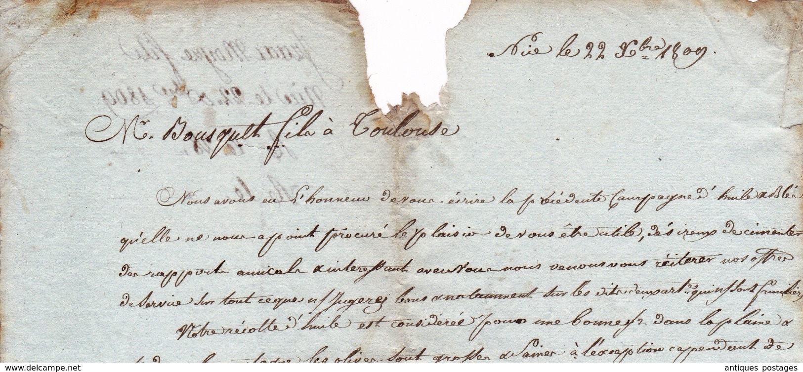 Lettre Nice Département Conquis 1809 pour Toulouse Izaac Moyze HUILE d'OLIVE Blé Premier Empire Olive Oil Olio di oliva