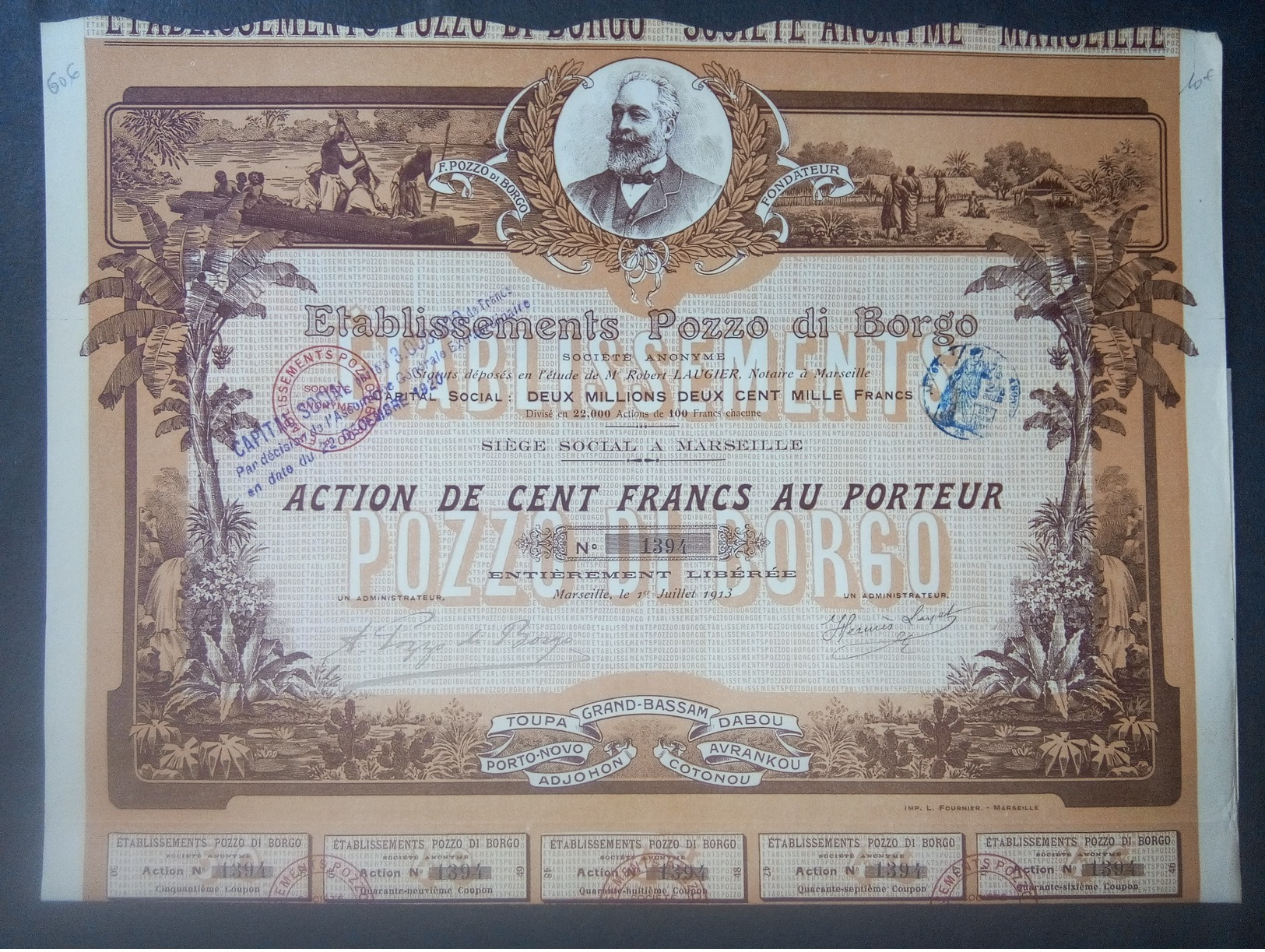 1 Ets POZZO DI BORGO 1913 CORSE Action Décoré + Coupons - Autres & Non Classés