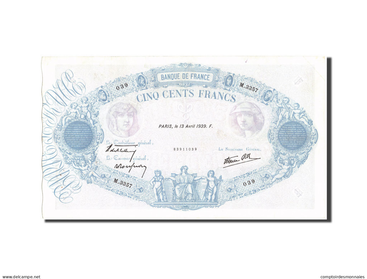 Billet, France, 500 Francs, 500 F 1888-1940 ''Bleu Et Rose'', 1939, 1939-04-13 - 500 F 1888-1940 ''Bleu Et Rose''