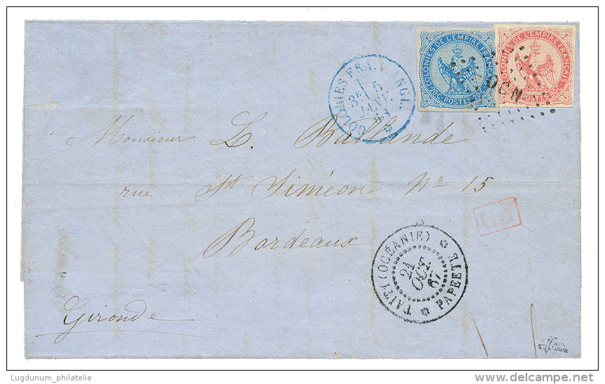 TAHITI : 1867 AIGLE 20c + 80c TTB Marg&eacute;s Obl. Losange OCN + TAITI(OCEANIE) PAPEETE Sur Lettre Pour BORDEAUX. Tr&e - Other & Unclassified