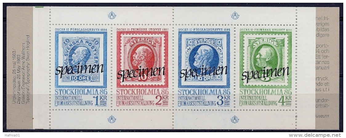 Sweden 1983.  STOCKHOLMIA&acute;86. Booklet. Michel 1239-42   MNH.  SPECIMEN. - Proofs & Reprints