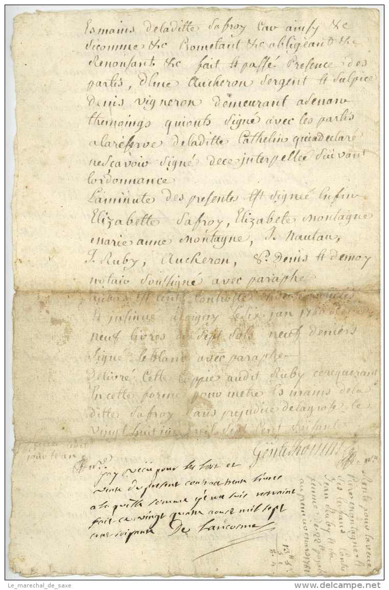SENAN 1760 Contrat De Vente P.S. DE LANCOSME - Famille Montagne, Ruby, Saffroy, Gentilhomme - Manoscritti