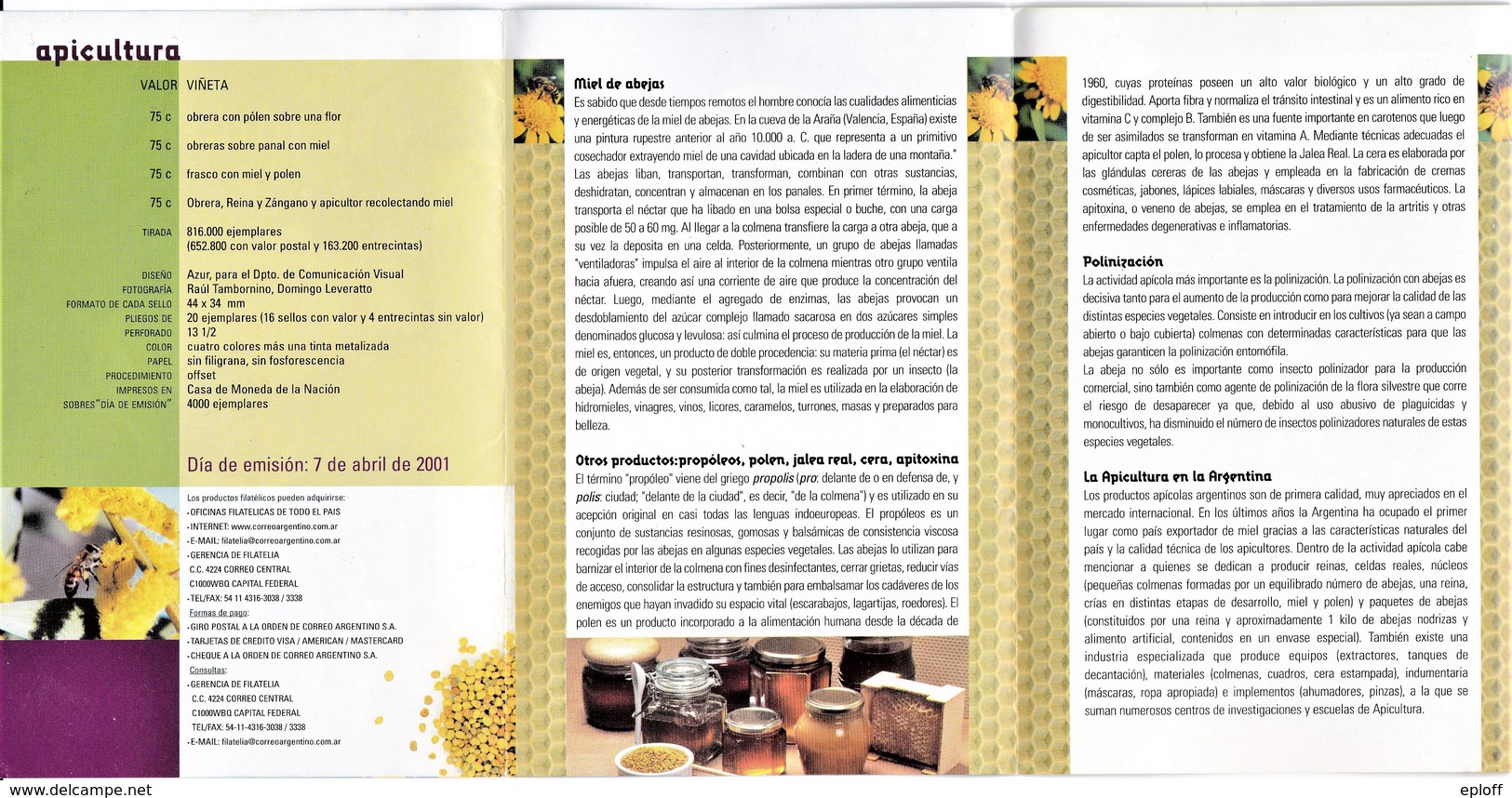 ARGENTINE 2001   Apiculture    Abeilles - Bee On Flower, Bees On Honey Com, Apiarist, Honey Pollen. + Fascicule MNH - Blokken & Velletjes