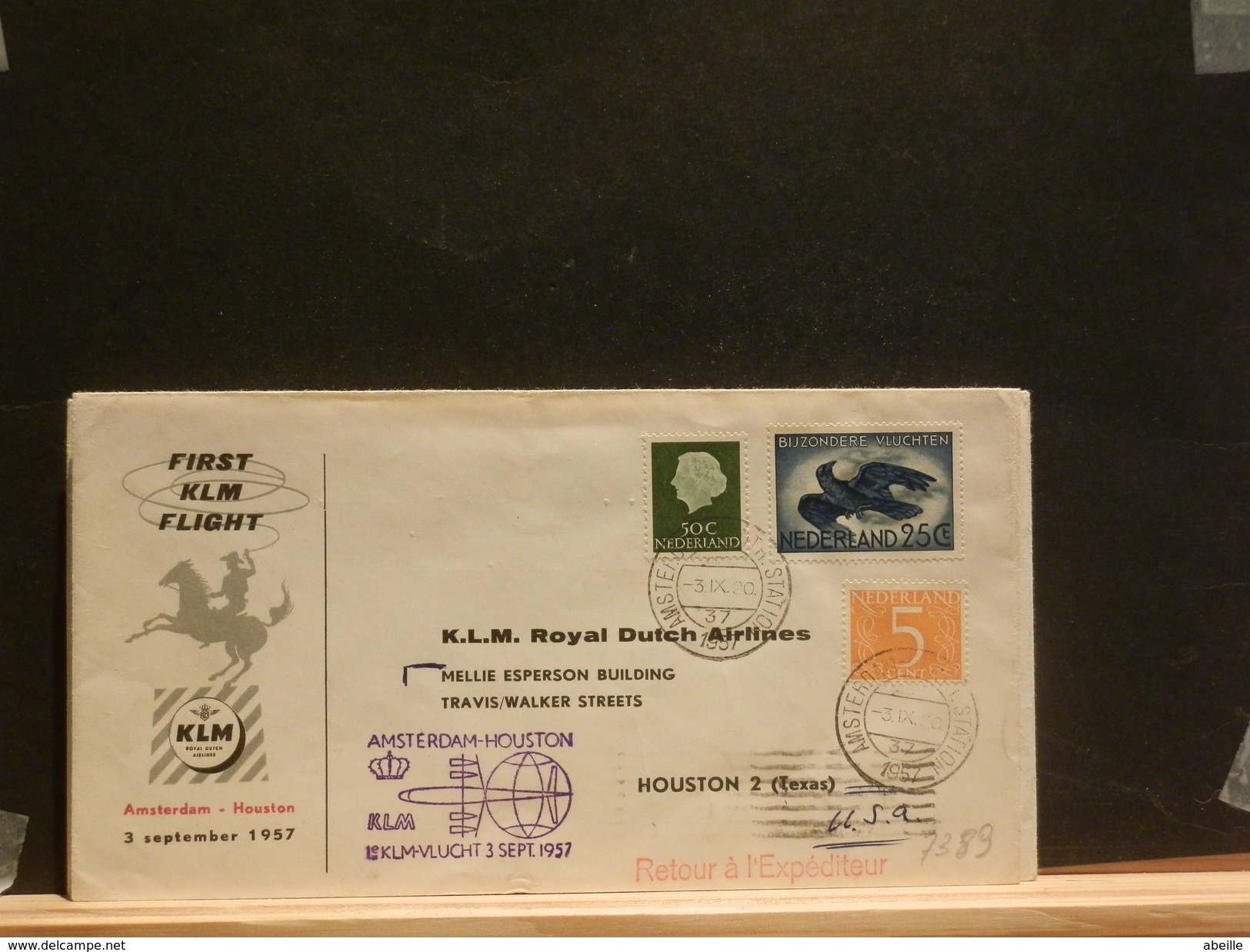 A7389   1° VLUCHT KLM HOUSTON  1957 - Luftpost