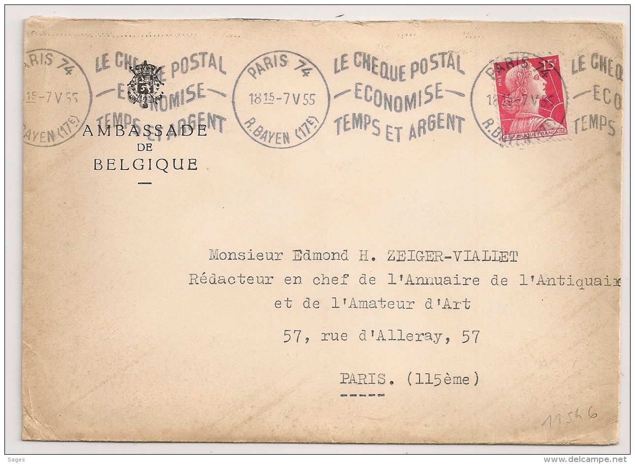 PARIS 74 R. BAYEN (17E) LE CHEQUE POSTAL.....KRAG. 1955. - Oblitérations Mécaniques (flammes)