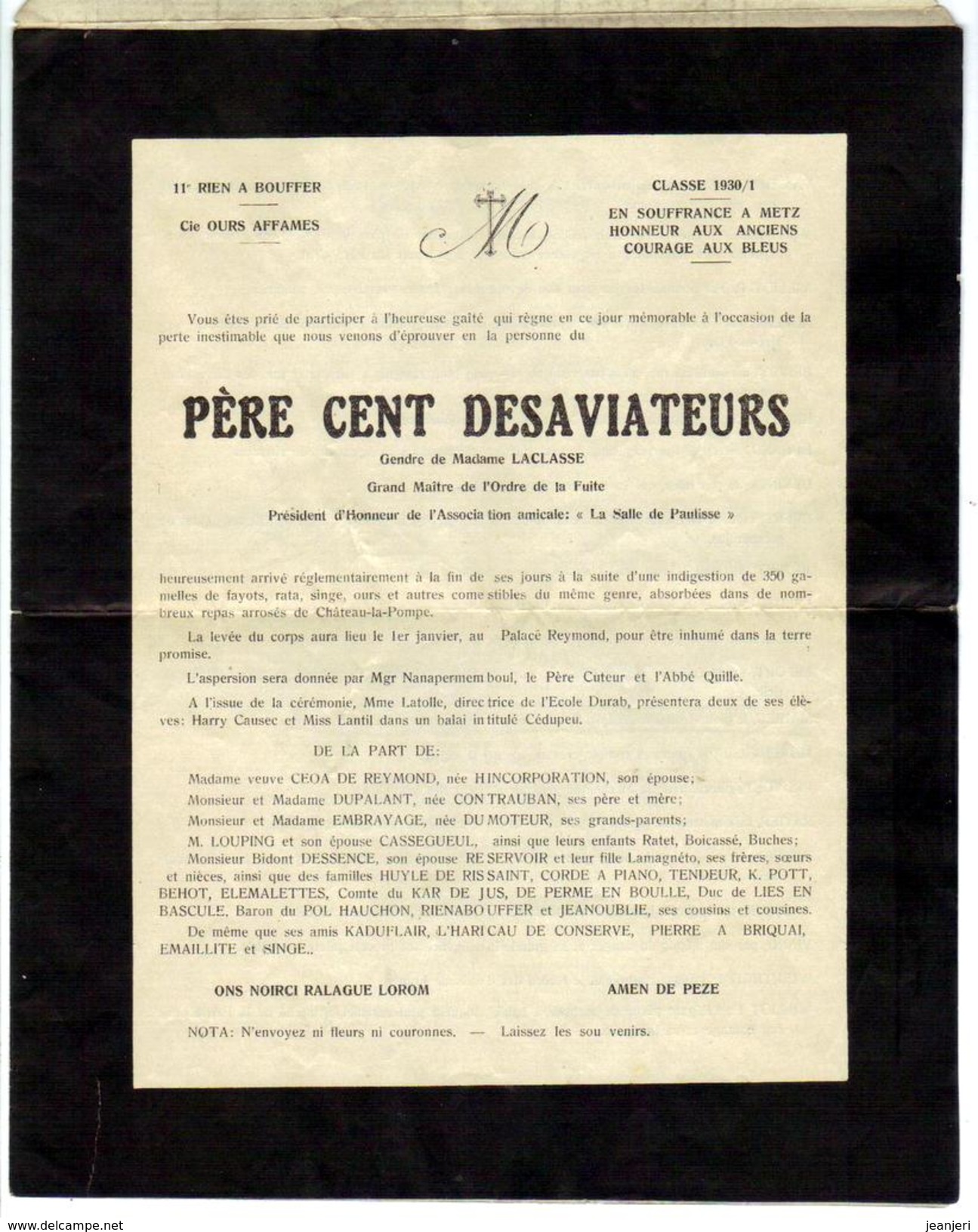 PERE CENT DES AVIATEURS  - 11e Classe 1930 En Souffrance A METZ - Historical Documents