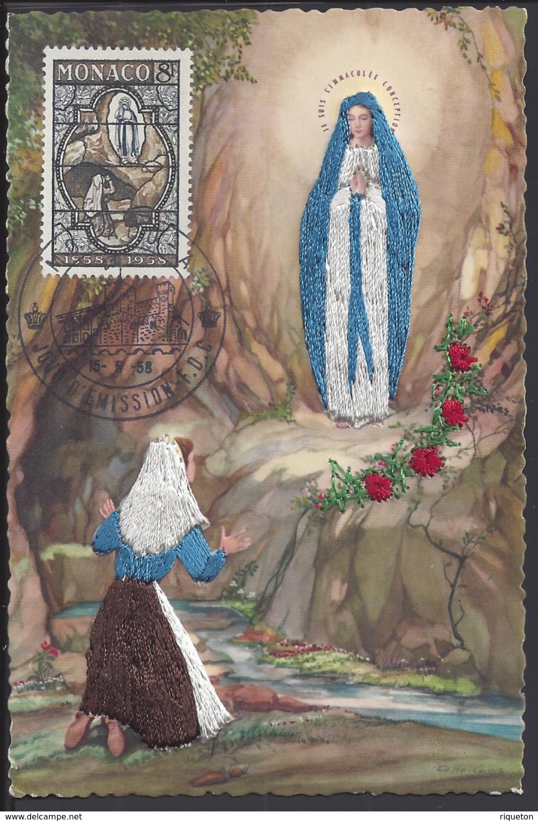 MONACO - Belle Carte Maximun Avec Broderies "Apparition De La Vierge à Ste Bernadette" Cachet 1er Jour Monaco Du 15-5-58 - Cartas Máxima