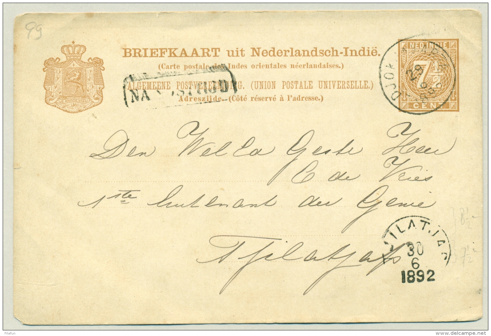 Nederlands Indië - 1892 - 7,5 Cent Cijfer Van (KR) DJOKJAKARTA Met Na Posttijd Naar Tjilatjap - Nederlands-Indië
