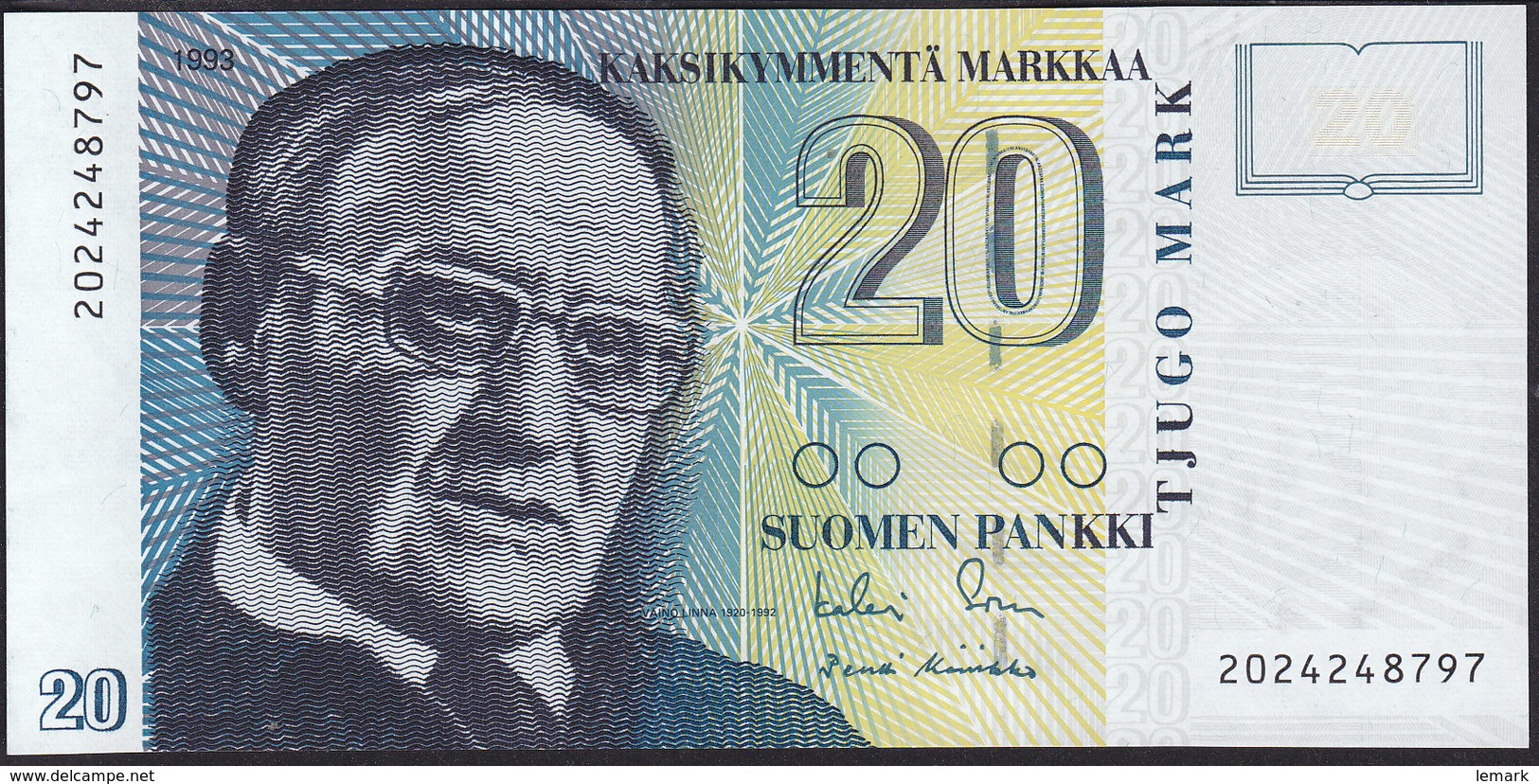 Finland 20 Markka 1993 P122  (sign.Sorsa &Koivikko) XF/aUNC  Fold In Centre - Finland