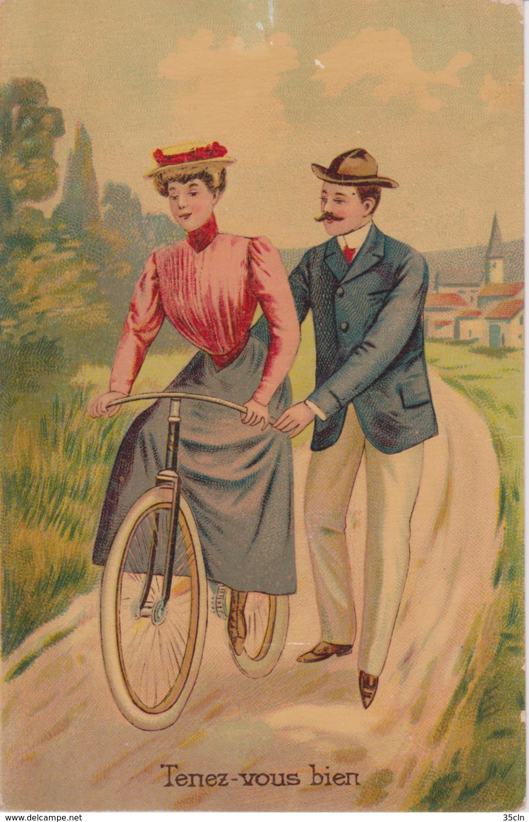 FEMME  Apprenant à Faire Du Vélo - Tenez Vous Bien .....Carte Postale Couleur. - 1900-1949