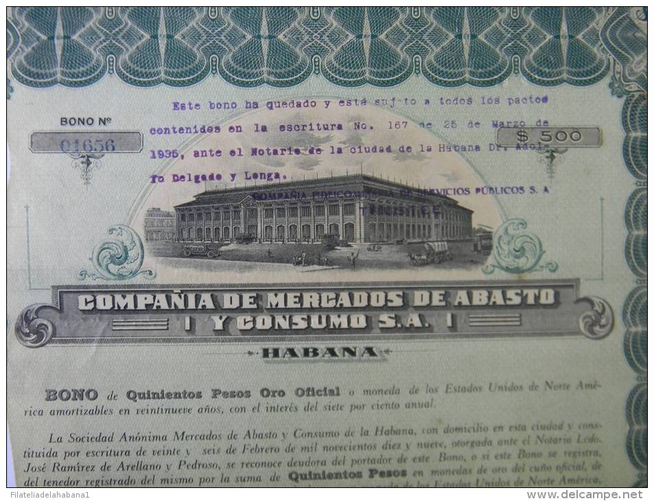 BON-208 CUBA BON 1919 500$. COMPAÑÍA DE MERCADOS DE ABASTO Y CONSUMO. - Other & Unclassified