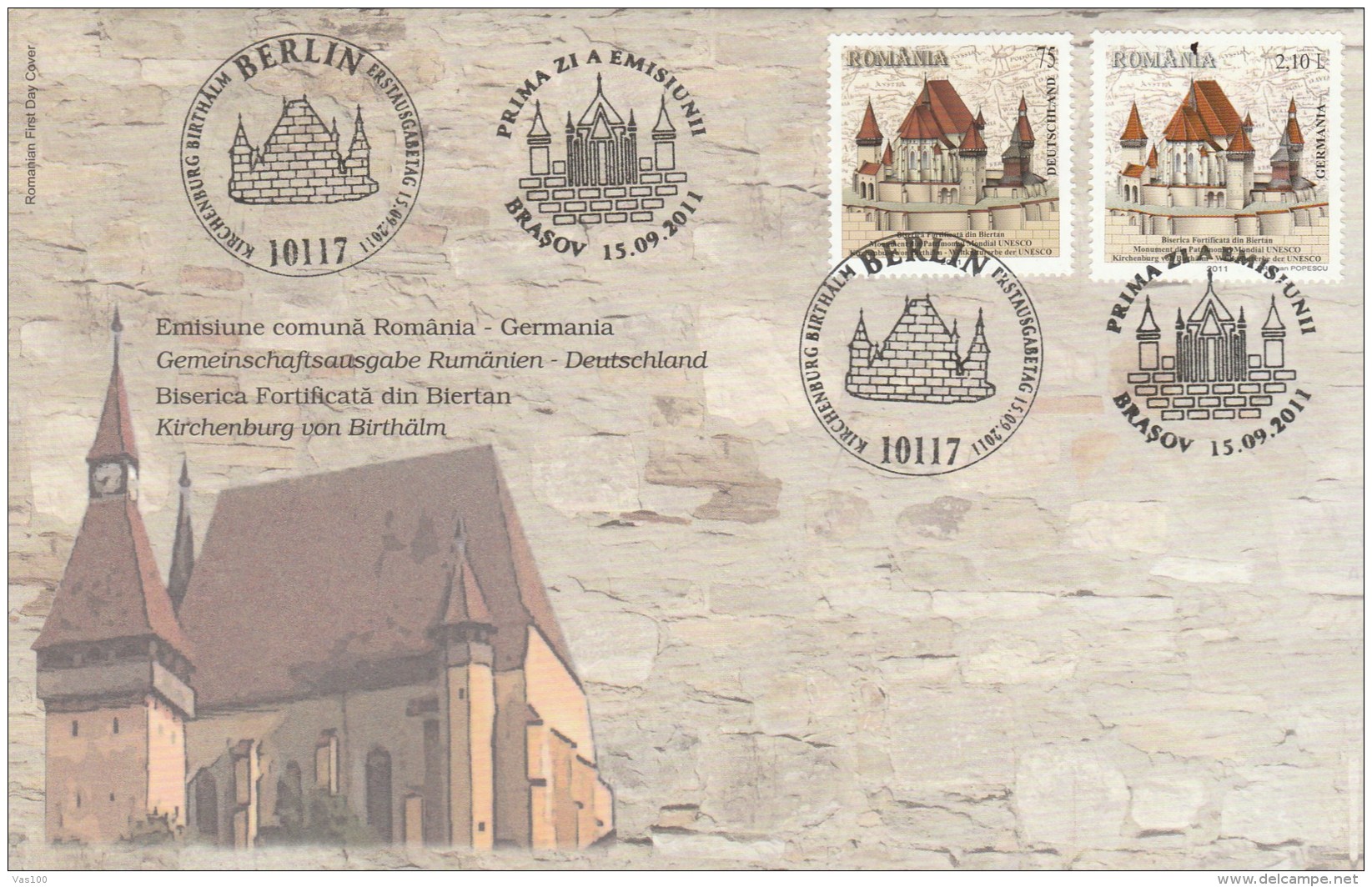 JOINT ISSUE ROMANIA-GERMANIA,KIRCHENBURG VON BIRTHALM,UNESCO CHURCH BIRTAN,2011 COVER FDC, ROMANIA. - FDC