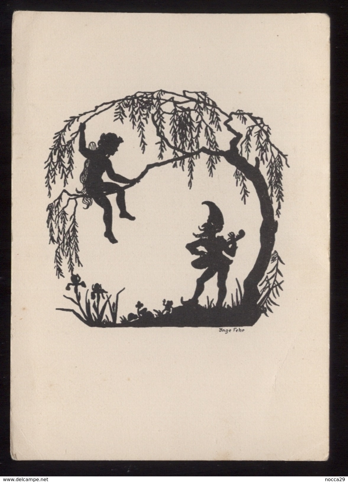 GERMANIA ANNI 40 ILLUSTRATORE NON CLASSIFICATO - FOLLETTO O GNOMO E BAMBINO SU UN ALBERO. FORMATO GRANDE (3) SILHOUETTE - Siluette