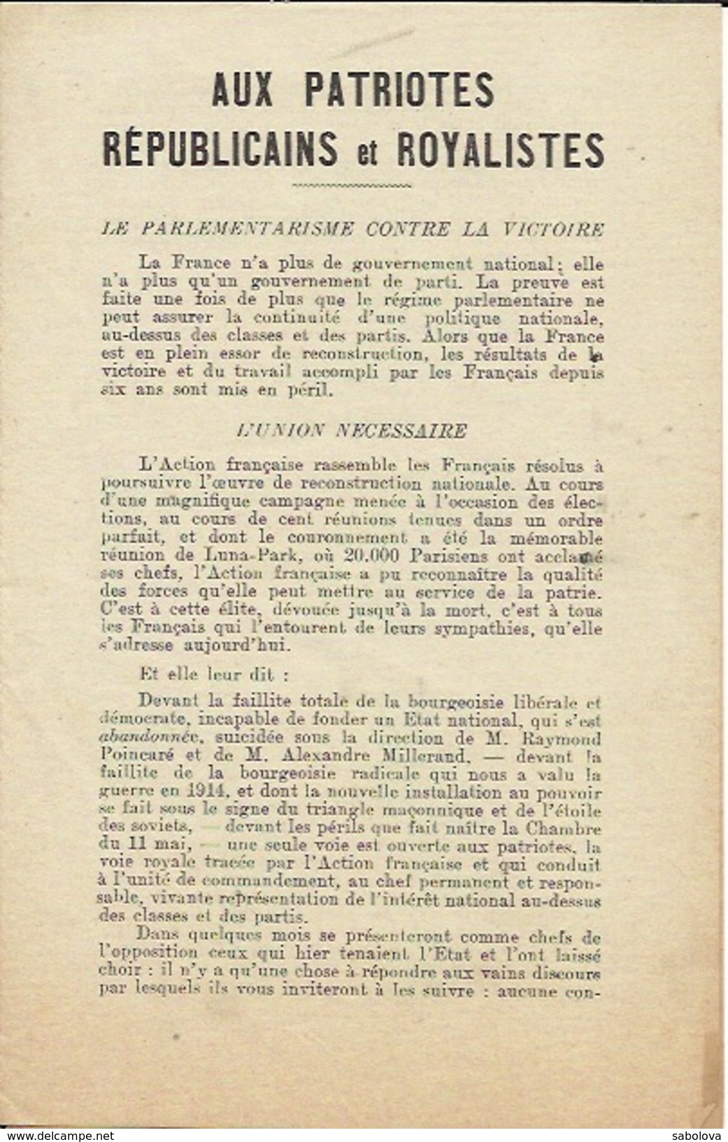 Action Française Tract Et Bulletin D'adhésion Année 1920 Pro Royaliste 4 Pages + Bulletin D'adhésion - Non Classificati