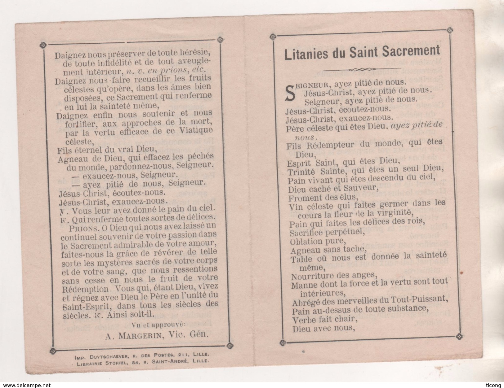 LITANIES DU SAINT SACREMENT SIGNEE A. MARGERIN - IMPRIMERIE DUYTSCHAEVER LILLE, LIBRAIRIE STOFFEL LILLE - A VOIR - Imágenes Religiosas