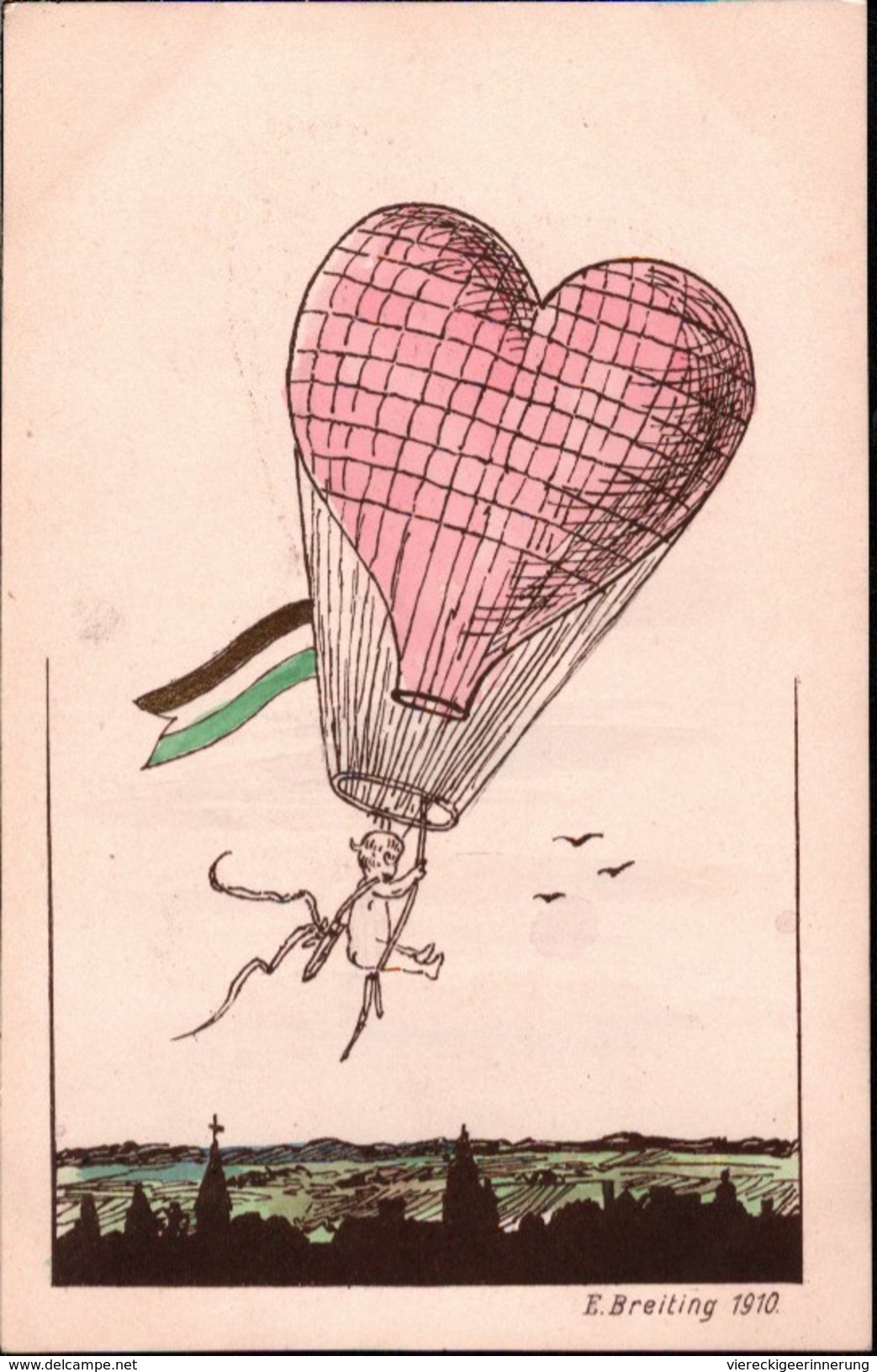 ! Alte Ansichtskarte Liebe, Love, Amor, Ballon, Herz, 1910, Künstlerkarte Sig. E. Breitling, Leipzig, Sachsen - Fesselballons