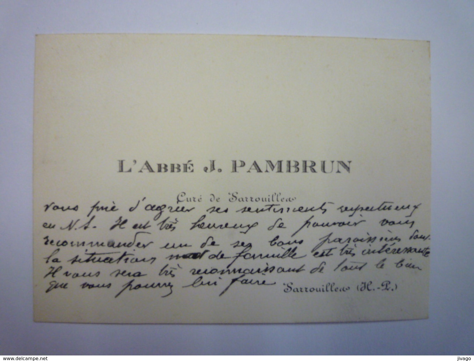 CARTE De VISITE  :  L'ABBé  J. PAMBRUN  Curé De SARROUILLES  (Hautes-Pyrénées)   - Cartes De Visite