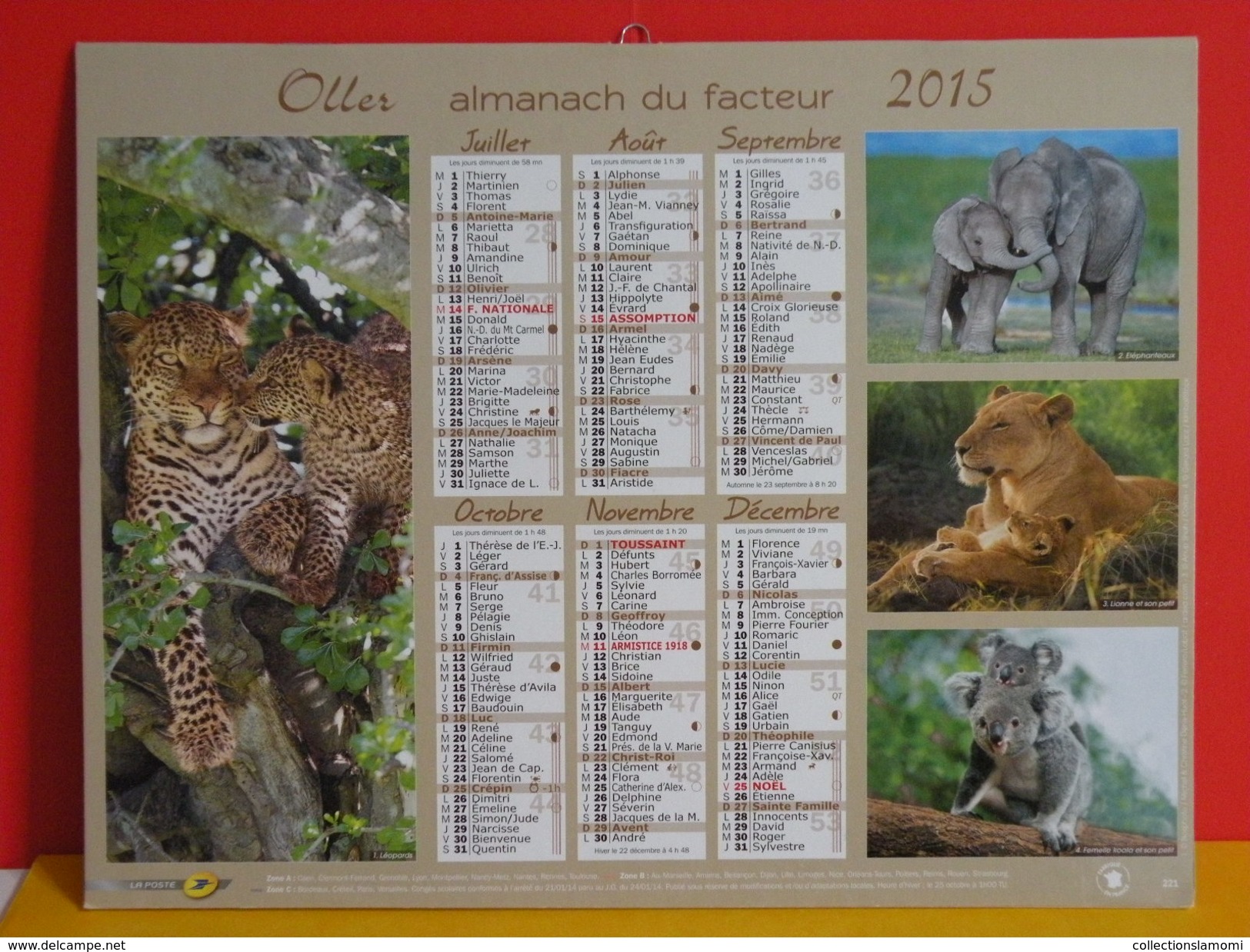 Calendrier Oller > Girafle,Zèbre,Hipopotame,Bonobo,Léopards,Koala,Lion,Éléphant - Almanach Facteur 2015 Comme Neuf - Grand Format : 2001-...