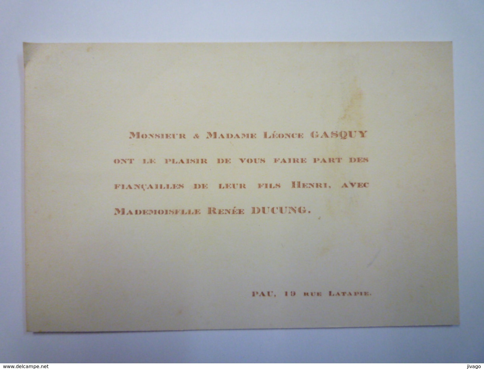 FAIRE-PART De  FIANCAILLES De Henri  GASQUY  Et De Renée DUCUNG  -  PAU - Fiançailles